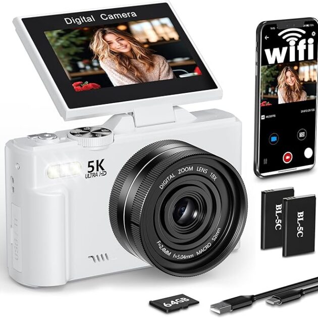 فلاتيك كاميرا رقمية، كاميرا 5K 75MP للتصوير الفوتوغرافي مع واي فاي وبطاقة TF 64GB