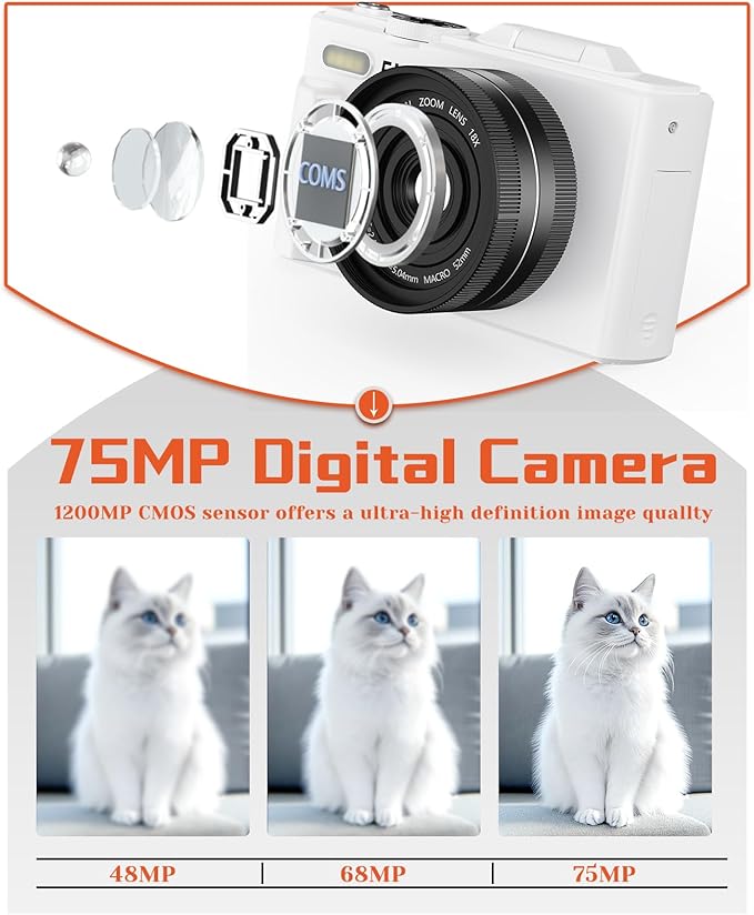 فلاتيك كاميرا رقمية، كاميرا 5K 75MP للتصوير الفوتوغرافي مع واي فاي وبطاقة TF 64GB - الصورة 2